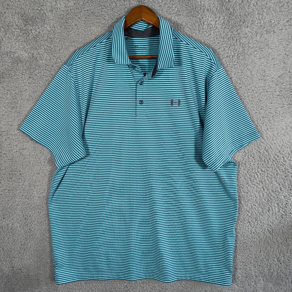 UNDERARMOUR Polo Mens 2XL XXL Heatgear Loose Blue Striped Performance Shirt